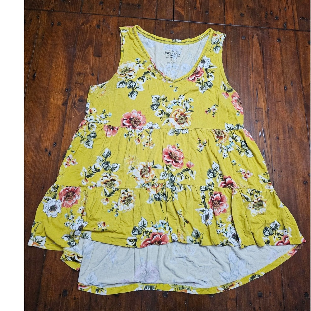 Torrid Super Soft Yellow Floral Tiered Babydoll Tank Top V-Neck Plus Size 2 2X